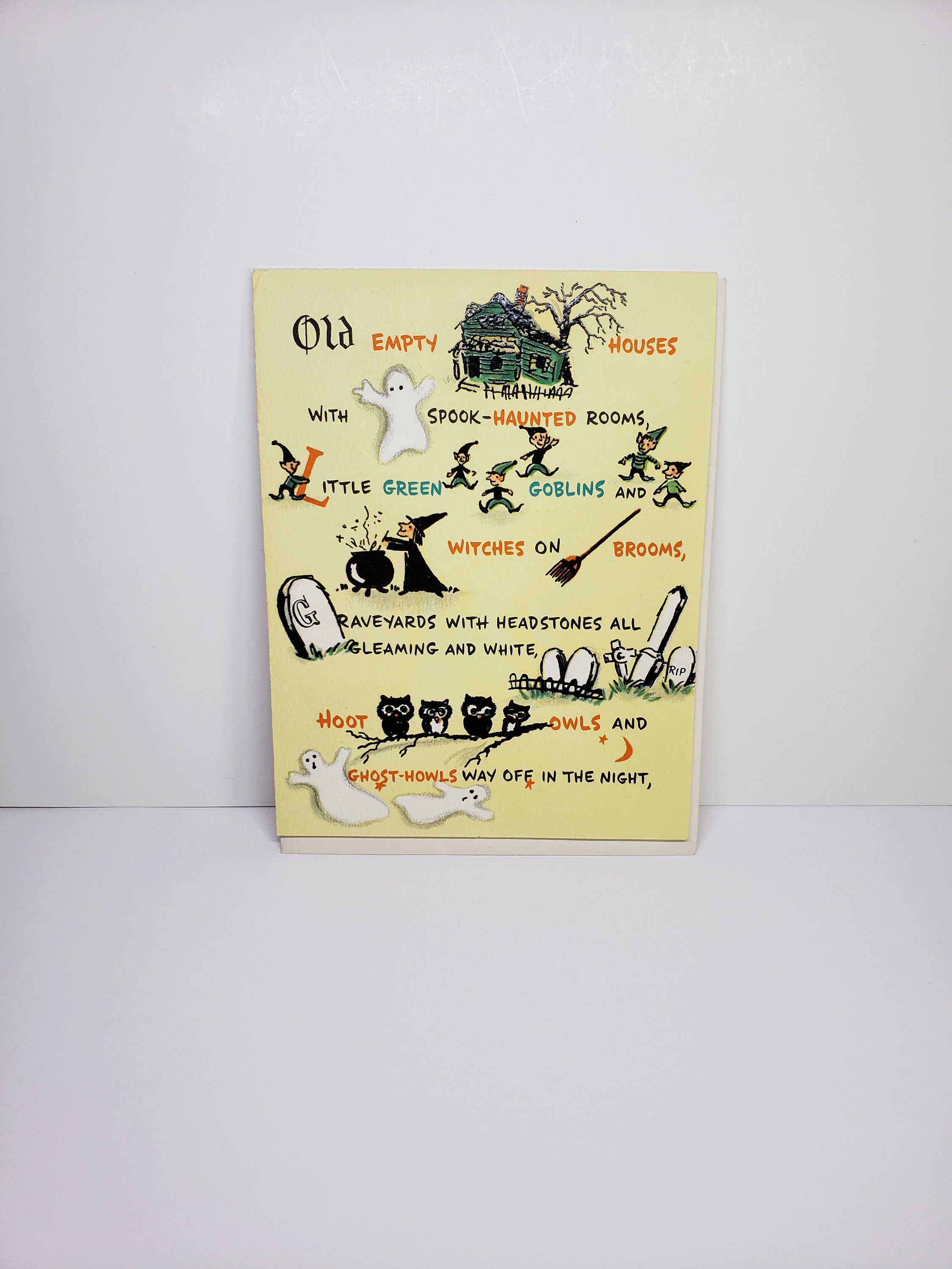 Vintage unused 1950's-60's Ambassador Halloween greeting card haunted house, ghosts,witch,goblins,graveyard,owls,bats, jols, black cats etc.