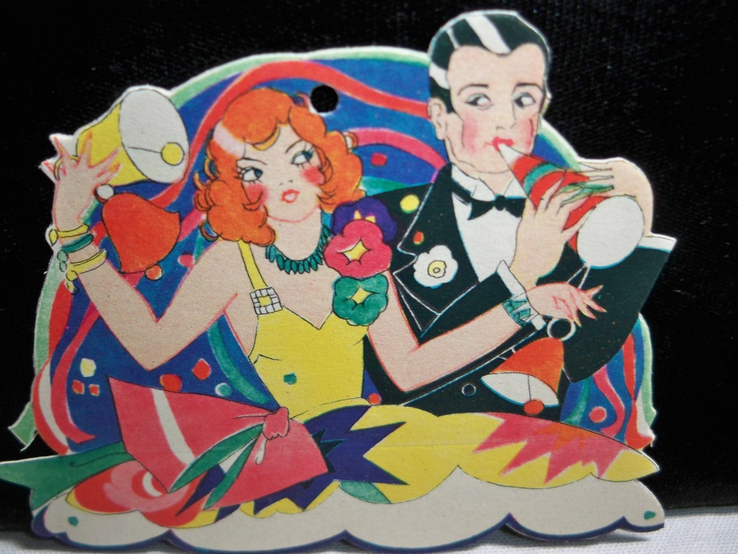 Art deco 1920s30s New Years Bridge Tally place card Henderson Line die cut deco man and woman confetti party favors streamers