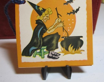 Vintage 1940’s-50’s unused  Halloween bridge tally witch at cauldron branch moon with bats flying above cauldron and bat graphics inside