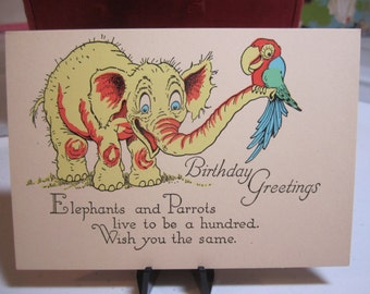 Unused 1920's-30's art deco colorful birthday card elephant holding a parrot at the end of his trunk