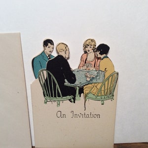May include: An invitation card with a vintage illustration of four people sitting around a table playing cards. The text "An Invitation" is printed on the card.