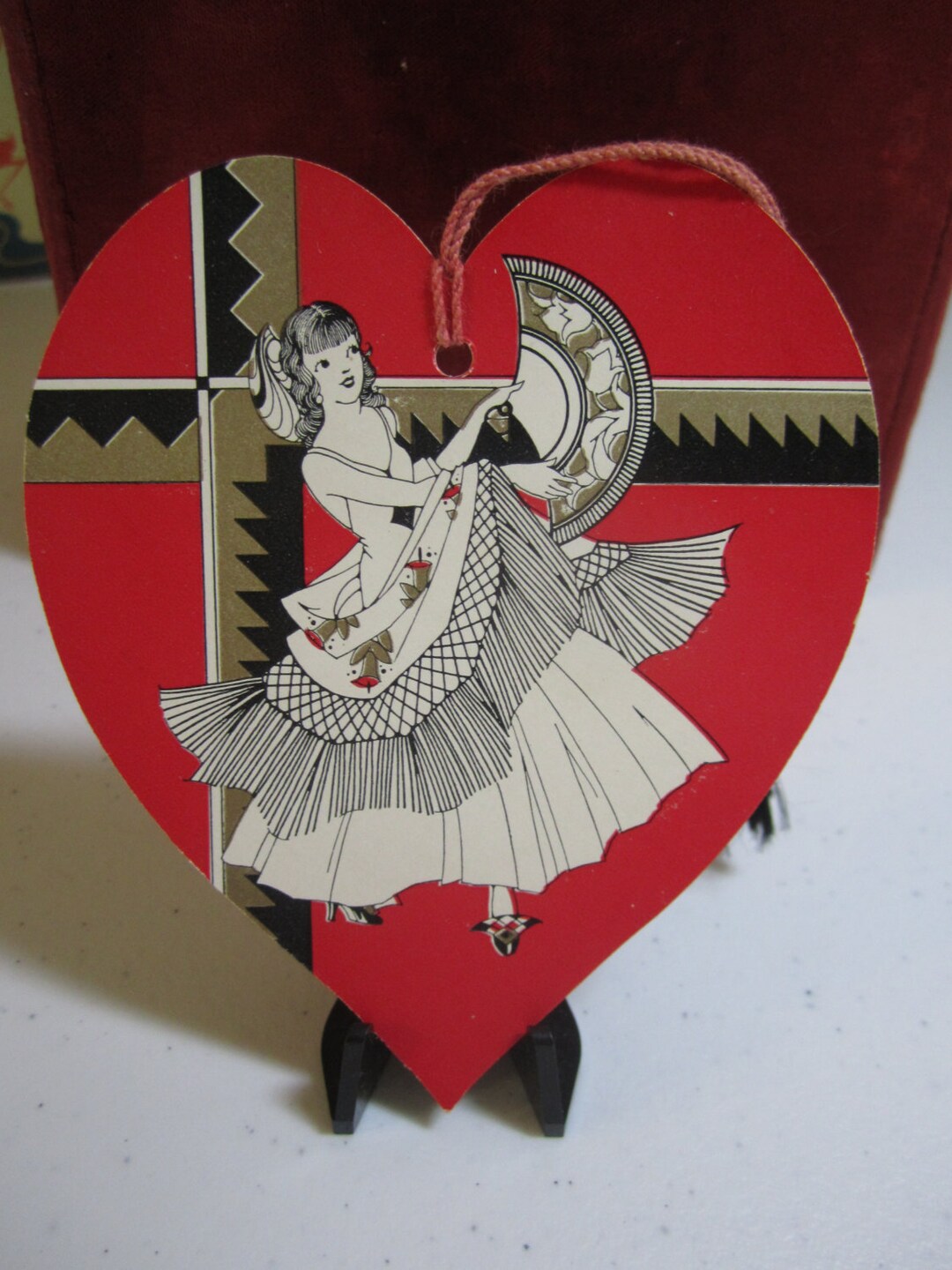 Art Deco 1930's Unused Die Cut Heart Shaped Bridge Tally Card Lady ...