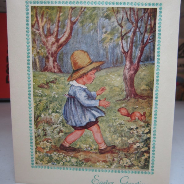 Darling unused 1920's-30's Hale, Cushman & Flint publishers boston easter greeting card sweet little girl walks in the woods with rabbits,