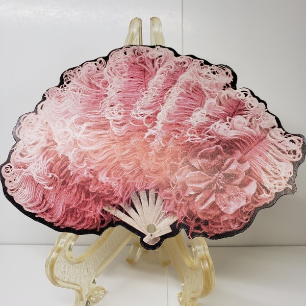 Gorgeous 1920's-30's Art Deco die cut unused bridge tally card real photo of pink ostrich plumes and silk flower hand fan