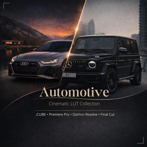 Puede incluir: Imagen promocional con dos vehículos de lujo: un Audi RS7 gris oscuro y un SUV Mercedes-Benz Clase G negro. La palabra "Automotive" se muestra, con "Cinematic LUT Collection" y nombres de software debajo.