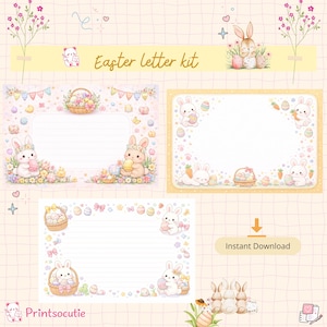 Pode incluir: Um kit de cartas de Páscoa com fundo amarelo claro e padrão quadriculado. O kit inclui artigos de papelaria com ilustrações de coelhinhos, ovos de Páscoa, flores e cestas. O texto "Easter letter kit" e "Instant Download" são visíveis.