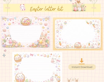 Cute Easter Letter Kit – Kawaii Bunny Writing Paper Printable, Pastel Stationery Set, Easter Kids Letter, Instant Download