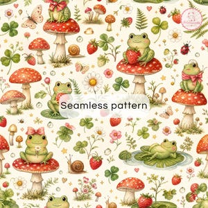May include: A seamless pattern featuring green frogs, red and white spotted mushrooms, strawberries, snails, butterflies, ladybugs, and white flowers on a cream background. The text Seamless pattern is centered in the image.