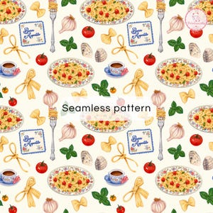 May include: A seamless pattern featuring illustrations of pasta dishes on floral plates, silver forks, garlic bulbs, red tomatoes, basil leaves, coffee cups, yellow ribbons, and square cards with the text Buon Appetito and the words Seamless pattern.