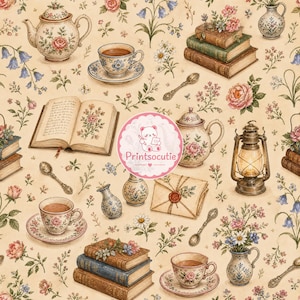 Patchwork Vintage Floral Seamless Pattern – Cottagecore Digital Paper with Antique Books, Teapot & Teacups – Junk Journal Background