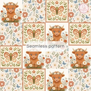 Pode incluir: Um padrão sem costuras com quadrados repetidos de uma vaca highland castanha e felpuda com uma coroa de flores num campo de margaridas, alternando com quadrados de uma borboleta estilizada rodeada de vinhas florais e o texto Seamless pattern.
