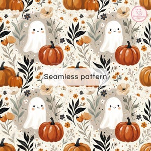 Pode incluir: Um padrão contínuo com fantasmas brancos de rostos sorridentes, abóboras cor de laranja e vários elementos florais, incluindo flores bege e cor de laranja com folhas pretas sobre um fundo creme. O texto Seamless pattern está centrado.