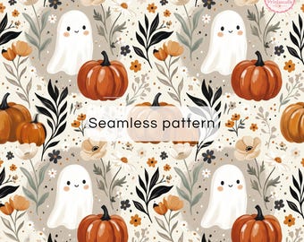 Digitalt papper för söta Halloween-spöken | Sömlöst mönster med pumpor och äpplen | Nyckfullt höstklippbokspapper | Utskrivbart kawaii höst