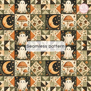 Pode incluir: Um padrão contínuo com quadrados repetidos que mostram ilustrações de fantasmas brancos, cogumelos laranja, luas crescentes com rostos e bolotas. O design inclui elementos florais em tons de laranja, verde e creme. Texto Seamless pattern.