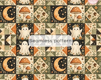 Halloween hemsökt svampskog lapptäcke digitalt papper | Spökfolkquilt sömlöst mönster