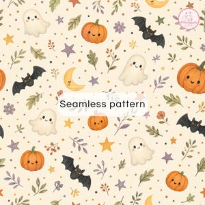 Halloween Seamless Pattern | Ghost Pumpkin Bat Digital Paper | Spooky Kawaii Autumn Background | Printable Scrapbook Paper