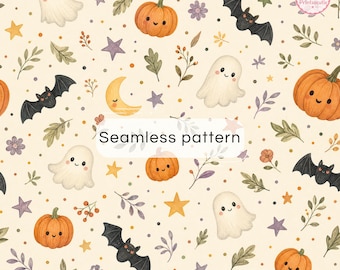 Halloween Seamless Pattern | Ghost Pumpkin Bat Digital Paper | Spooky Kawaii Autumn Background | Printable Scrapbook Paper