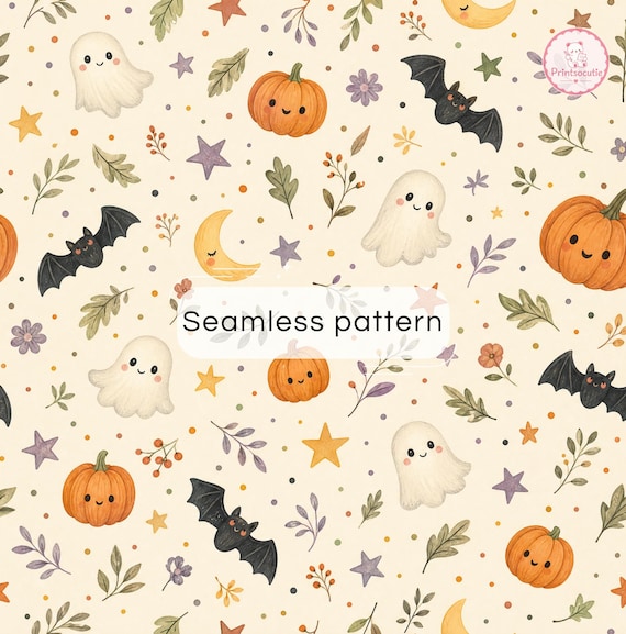 Halloween Seamless Pattern | Ghost Pumpkin Bat Digital Paper | Spooky Kawaii Autumn Background | Printable Scrapbook Paper