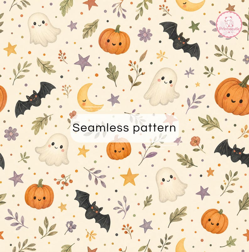 Halloween Seamless Pattern | Ghost Pumpkin Bat Digital Paper | Spooky Kawaii Autumn Background | Printable Scrapbook Paper image 1