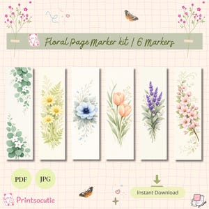 Pode incluir: Um conjunto de seis marcadores de página florais com ilustrações em aquarela. Cada marcador apresenta um arranjo floral diferente, incluindo margaridas, tulipas e lavanda, em um fundo branco. O texto "Floral page Marker kit / 6 Markers" é exibido.