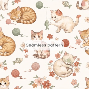 Puede incluir: Un patrón continuo que presenta varias ilustraciones de gatos en diferentes posturas, incluyendo durmiendo y jugando. El diseño incluye ovillos de lana, juguetes de peces pequeños y flores en tonos rosa y naranja sobre un fondo claro. El texto dice Seamless pattern.