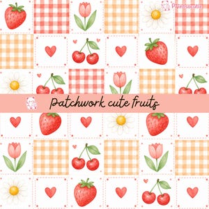 Patchwork fruita Digital Paper – Kawaii Strawberry | Cherry Seamless Pattern – Pastel Gingham | Floral Scrapbook Paper