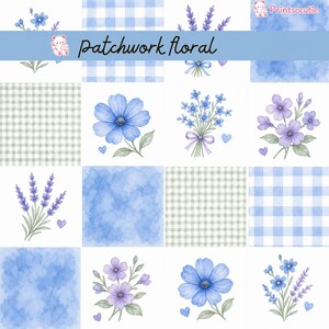 Pode incluir: Um design floral patchwork com ilustrações em aquarela de flores azuis e roxas, lavanda e padrões xadrez. O design inclui o texto "patchwork floral" em uma faixa azul, ideal para artesanato.