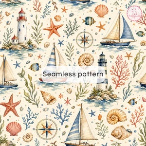 May include: A seamless pattern featuring watercolor illustrations of lighthouses, sailboats, starfish, seashells, coral, and compasses on a cream background. The text "Seamless pattern" is centered in the middle of the image.