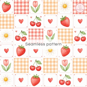 Strawberry & Cherry Patchwork Digital Paper | Kawaii Fruit Seamless Pattern | Pastel Gingham Scrapbook Paper