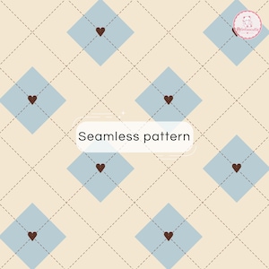 Argyle Heart Seamless Pattern | Geometric Digital Paper | Neutral Beige & Blue Scrapbook Background