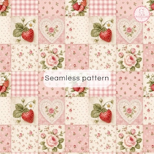 May include: A seamless pattern featuring a grid of squares with alternating designs including red strawberries with green leaves, pink roses, white lace hearts with pink roses, pink gingham checks, and small pink floral prints on cream backgrounds.