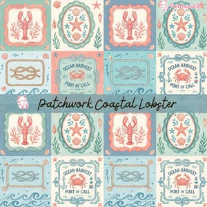 Pode incluir: Um padrão de tecido repetitivo com motivos costeiros, incluindo lagostas, caranguejos, estrelas-do-mar, conchas e nós náuticos. A paleta de cores consiste em tons suaves de azul, coral e creme com o texto Ocean Harvest.