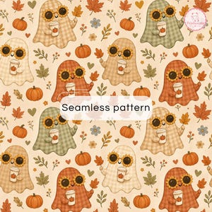 Peut inclure: Un motif répétitif représentant des fantômes de dessin animé portant des lunettes de soleil en forme de tournesol et tenant des tasses à café. Les fantômes sont à carreaux, entourés de citrouilles orange, de feuilles d'automne et de fleurs.