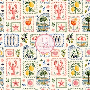 Mediterranean Patchwork Digital Paper | Italian Coastal Seamless Pattern | Lemons & Seafood Scrapbook Paper