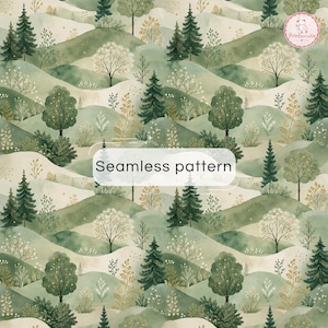 Può includere: Un motivo continuo con un paesaggio ad acquerello di colline verdi, alberi sempreverdi e alberi a foglia caduca in tonalità salvia, verde bosco e oro. Un'etichetta rettangolare bianca al centro riporta il testo Seamless pattern.