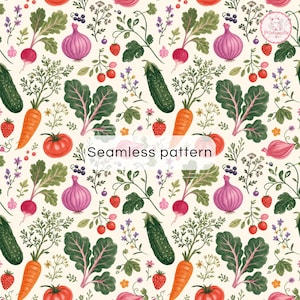 Pode incluir: Um padrão contínuo sobre um fundo creme com ilustrações de cenouras, cebolas roxas, pepinos, tomates, morangos e pequenas flores roxas e amarelas. O texto Seamless pattern está centralizado no meio da imagem.