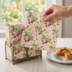 May include: A stack of square paper napkins featuring a botanical print of red raspberries, green leaves, pink flowers, and small bees on a cream background, held in a dark metal wire napkin holder with a curved, decorative frame design.