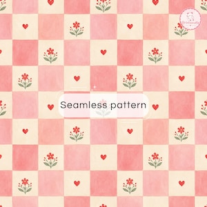 Pode incluir: Um padrão contínuo com uma grade xadrez de quadrados rosa claro e creme. Cada quadrado contém um pequeno coração vermelho ou uma flor com caule verde e pétalas vermelhas. O texto "Seamless pattern" está centralizado num quadro branco.