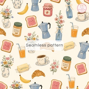 Pode incluir: Um padrão contínuo com ilustrações de itens de pequeno-almoço, incluindo cafeteiras azuis, frascos de manteiga de amendoim, compota de morango, manteiga, croissants, bananas, copos de sumo de laranja e jarras com flores silvestres coloridas.