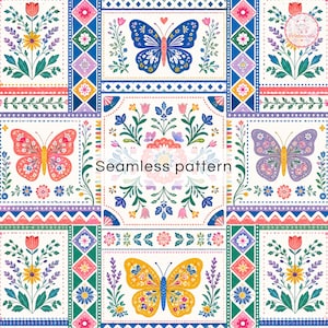 Pode incluir: Um padrão sem costura apresentando uma grade de painéis retangulares com borboletas e arranjos florais. O design inclui borboletas azuis, rosas, amarelas e roxas, flores coloridas e bordas geométricas. O texto Seamless pattern está centralizado.
