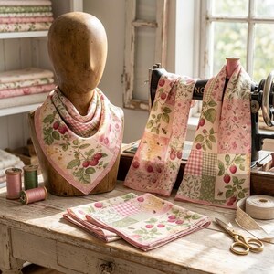 May include: A collection of fabric items featuring a pink and green raspberry and bee print, including a triangular scarf on a wooden mannequin head, a long rectangular scarf draped over a sewing machine, and folded square napkins.