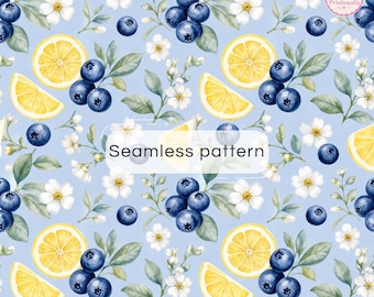 Blueberry & Lemon Patchwork Digital Paper | Summer Fruit Seamless Pattern | Wildflower Scrapbook Paper