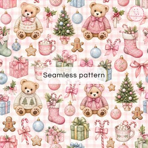 May include: A seamless pattern featuring teddy bears in sweaters, Christmas trees, gingerbread cookies, gift boxes, candy canes, ornaments, and stockings on a light pink checkered background. The text "Seamless pattern" is centered in the image.