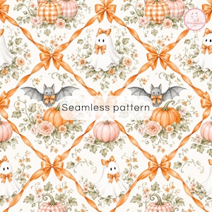 May include: A seamless pattern featuring a white background with orange ribbons forming a diamond grid. The design includes illustrations of white ghosts with orange bows, grey bats, orange pumpkins, and pink pumpkins surrounded by floral accents.