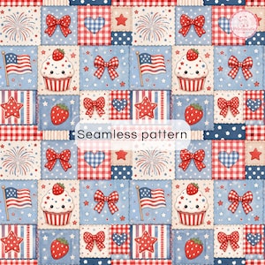 Pode incluir: Um padrão contínuo apresentando uma grade de quadrados com motivos em vermelho, branco e azul. Os elementos incluem cupcakes com morangos, bandeiras americanas, laços vermelhos de bolinhas, corações azuis, fogos de artifício e estrelas. Texto Seamless pattern.
