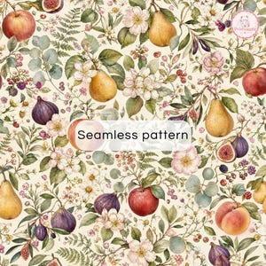 Orchard Harvest Digital Paper | Watercolor Fruit Garden Seamless Pattern | Botanical Scrapbook Paper | Vintage Fruit Printable