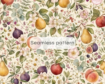 Orchard Harvest Digital Paper | Watercolor Fruit Garden Seamless Pattern | Botanical Scrapbook Paper | Vintage Fruit Printable