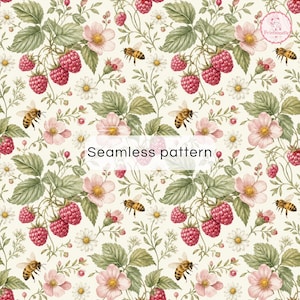 May include: A seamless pattern featuring a botanical illustration of red raspberries, light pink flowers, green leaves, and honeybees on a cream background. The text Seamless pattern is centered in the middle, and a small logo is in the top right.