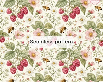 Raspberry & Bee Patchwork Digital Paper | Cottagecore Watercolor Seamless Pattern | Floral Berry Scrapbook Paper