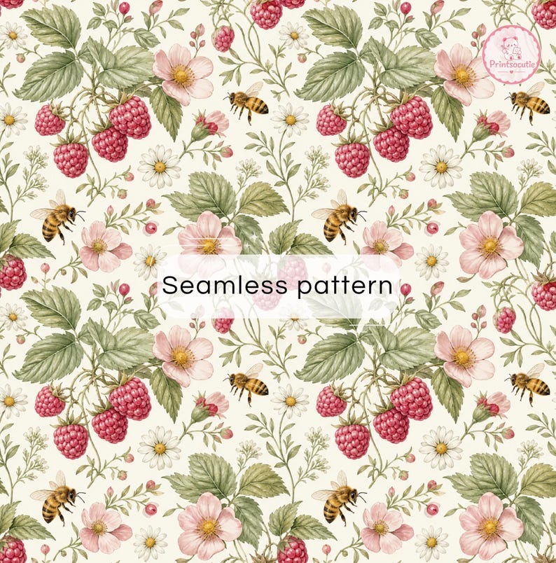 May include: A seamless pattern featuring a botanical illustration of red raspberries, light pink flowers, green leaves, and honeybees on a cream background. The text Seamless pattern is centred in the middle, and a small logo is in the top right.